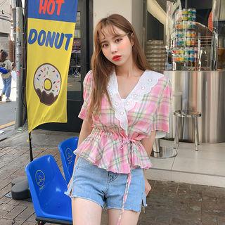 Eyelet-lace Collar Plaid Blouse Pink - One Size