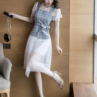 Set: Mesh Short-sleeve Dress + Plaid Bow Accent Vest