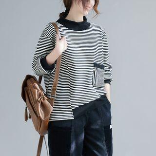 Color-block Asymmetric High-neck Striped Top