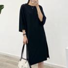 Plain 3/4-sleeve Slit Midi A-line T-shirt Dress