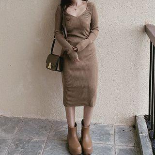 Long-sleeve V-neck Knit Midi Bodycon Dress