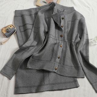 Set: Contrast Stitched Cardigan + Knit Skirt