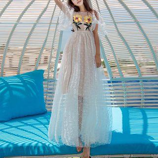Floral Embroidered Mesh A-line Maxi Dress