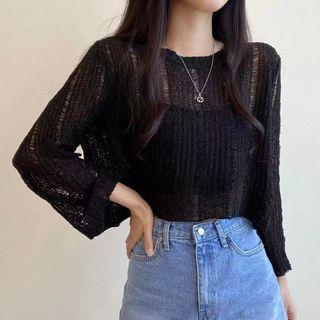 Long Sleeve Round Neck Eyelet Knit Top