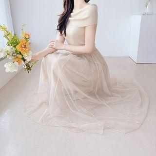 Set: Foldover Knit Top + Tulle Tank Dress Beige - One Size