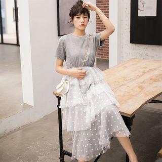 Mock Two Piece Short-sleeve Midi Tiered Dress