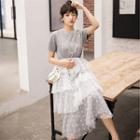 Mock Two Piece Short-sleeve Midi Tiered Dress