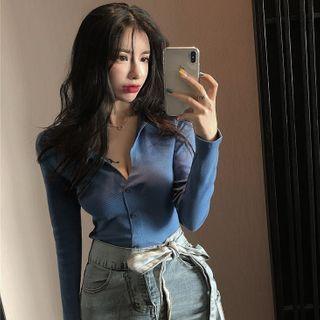 Polo-collar Button-down Crop T-shirt