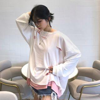 Mock Two-piece Long-sleeve Distressed T-shirt