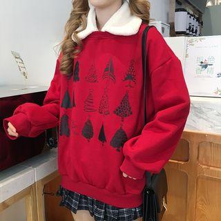 Furry Collar Tree Print Sweatshirt