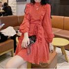 Long-sleeve Dotted Ruffle Mini A-line Dress