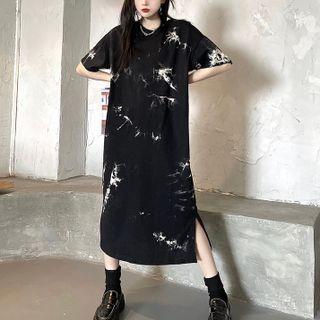 Tie-dye Print Midi T-shirt Dress Black - One Size