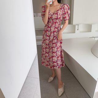 Puff-sleeve Floral Print Dress Red - One Size