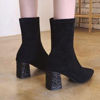Pointy Rhinestone Chunky Heel Short Boots
