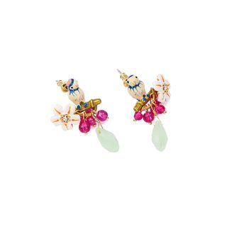Fashion Sweet Plated Gold Enamel Sparrow Flower Tassel Earrings With Cubic Zirconia Golden - One Size
