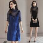 Long Sleeve High Neck Mesh Panel Velvet A-line Dress
