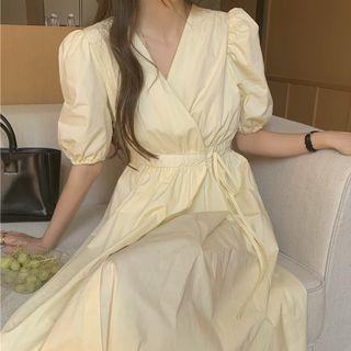 Elbow-sleeve Midi A-line Wrap Dress Off-white - One Size