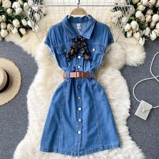 Short-sleeve Denim Dress + Scarf
