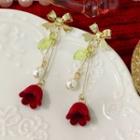 Flower Faux Pearl Fringed Earring 1 Pair - Silver Needle Earring - Gold Bow & Faux Pearl & Rose - Red - One Size