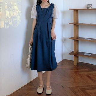 Mesh Puff Sleeve Square Neck A-line Dress