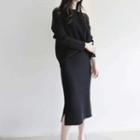 Set: Round-neck Rib-knit Top + Slit-hem Midi Skirt