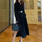 Long-sleeve Plain Tie-waist Slit Dress