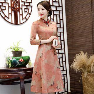 Traditional Chinese 3/4-sleeve Printed A-line Dress