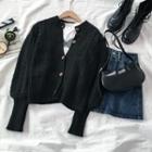 Cable-knit Cardigan / Denim Mini A-line Skirt