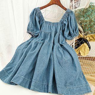 Denim Short-sleeve A-line Dress Blue - One Size