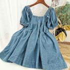Denim Short-sleeve A-line Dress Blue - One Size