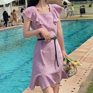 Cap-sleeve Plaid Ruffled Mini Dress
