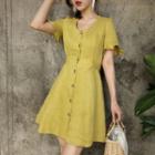 Plain Short Sleeve Buttoned A-line Dress As Shown In Figure - One Size