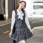 Set: Long-sleeve Tie-neck Blouse + Plaid Mini Pleated Skirt + Vest