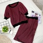 Set: Patterned Short-sleeve Knit Top + Straight-fit Skirt Rose Pink - One Size