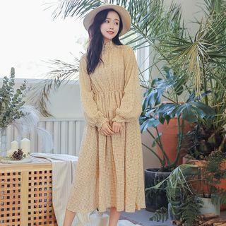 Lantern Sleeve Check Midi Dress