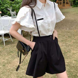 Ruffle Trim Button-down Blouse / High-waist Wide-leg Shorts