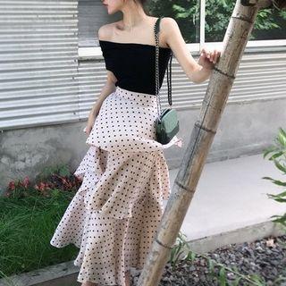 Dotted Midi Tiered Skirt / Short-sleeve Off Shoulder Top
