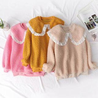 Faux Shearling Lace Trim Pullover