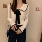 Collared Ribbon Contrast Trim Knit Top