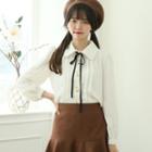 Flower-embroidery Pintuck Blouse