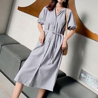 Short-sleeve Striped Midi Shirtdress Grayish Blue - One Size