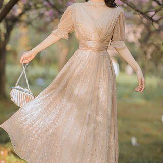 Short-sleeve V-neck Glitter Midi A-line Dress