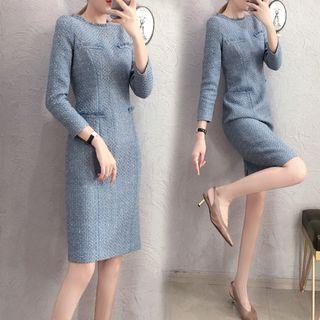 Long-sleeve Fringed Tweed Sheath Dress