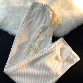 High-waist Drawstring Plain Corduroy Shift Wide-leg Pants