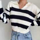 Collared Striped Cropped Sweater Stripes - Black & White - S