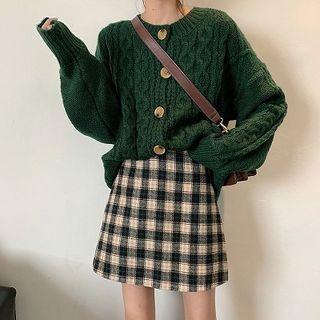 Plain Single-breasted Long-sleeve Cable-knit Cardigan / Plaid High-waist A-line Skirt