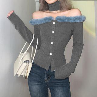 Off-shoulder Halter-neck Fluffy Trim Button-up Knit Top