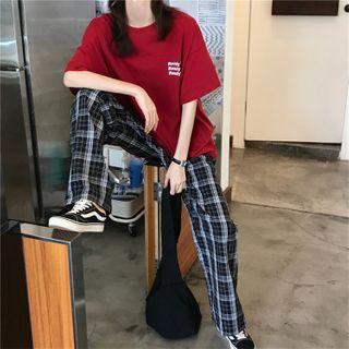 Printed Letter Short-sleeved Top / Plaid Wide Leg Pants