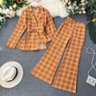 Set: Plaid Double-breasted Blazer + Boot-cut Pants