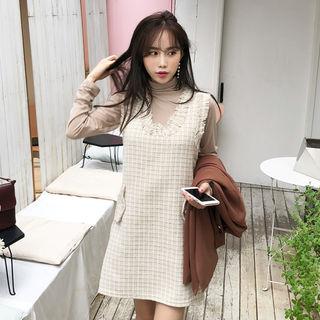 Set: Turtle-neck Top + Sleeveless Tweed Dress Beige - One Size